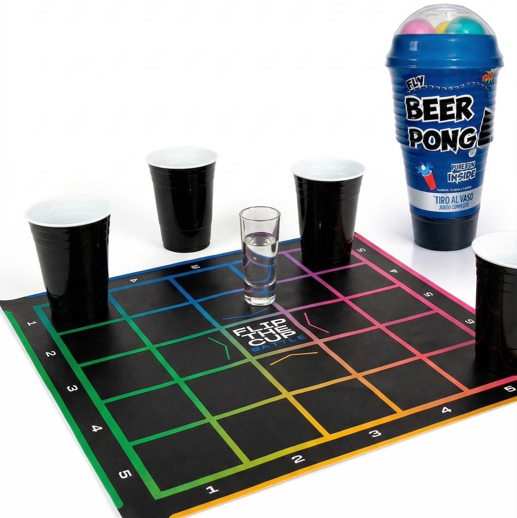 Beer pong game set with cups and a large container labeled 'Beer Pong' on a white background.