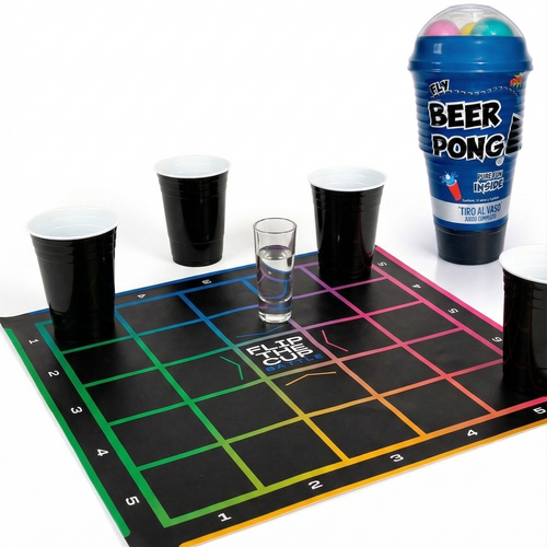 Beer pong game set with cups and a large container labeled 'Beer Pong' on a white background.