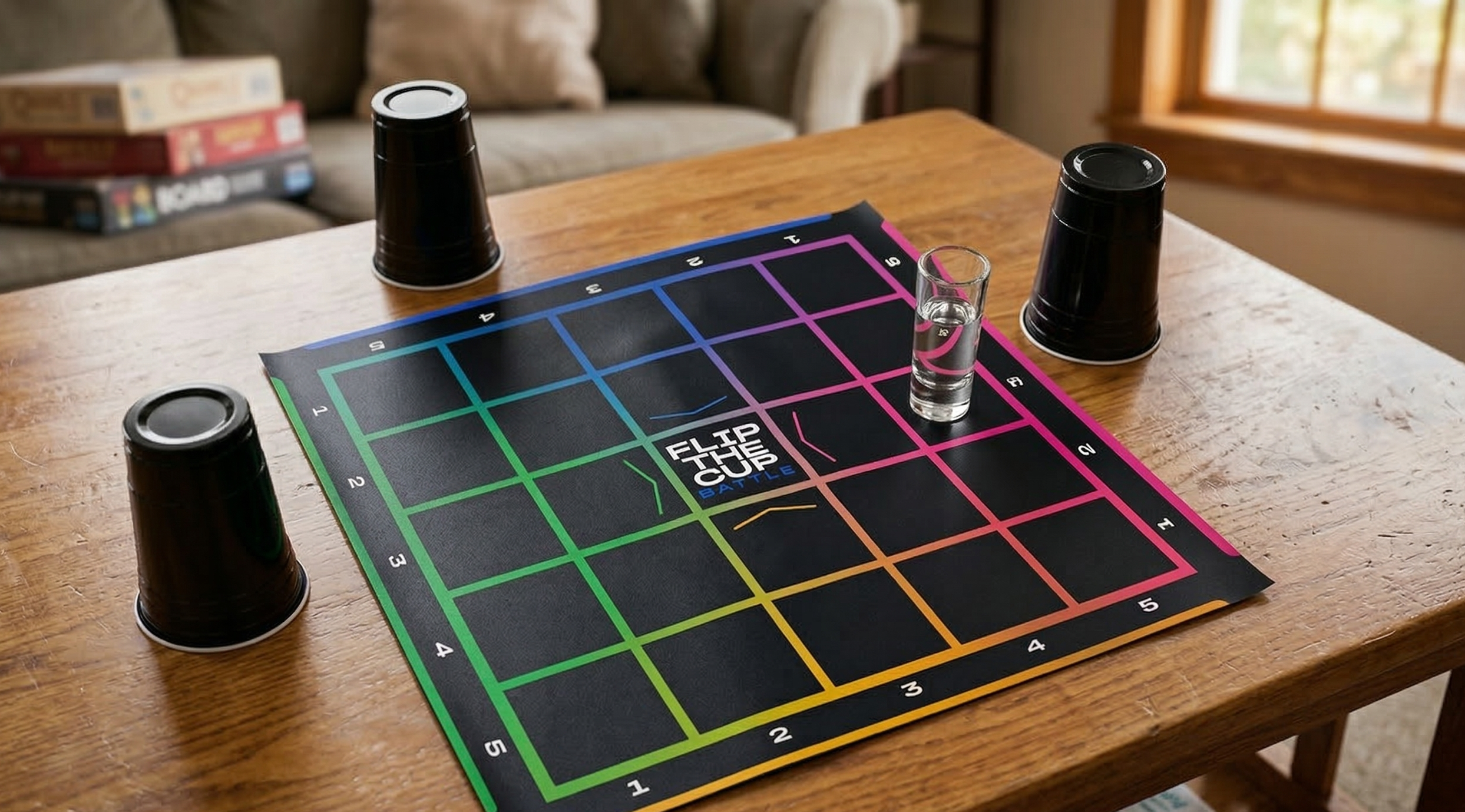 Flip the Cup game setup on a table with cups and a shot glass.